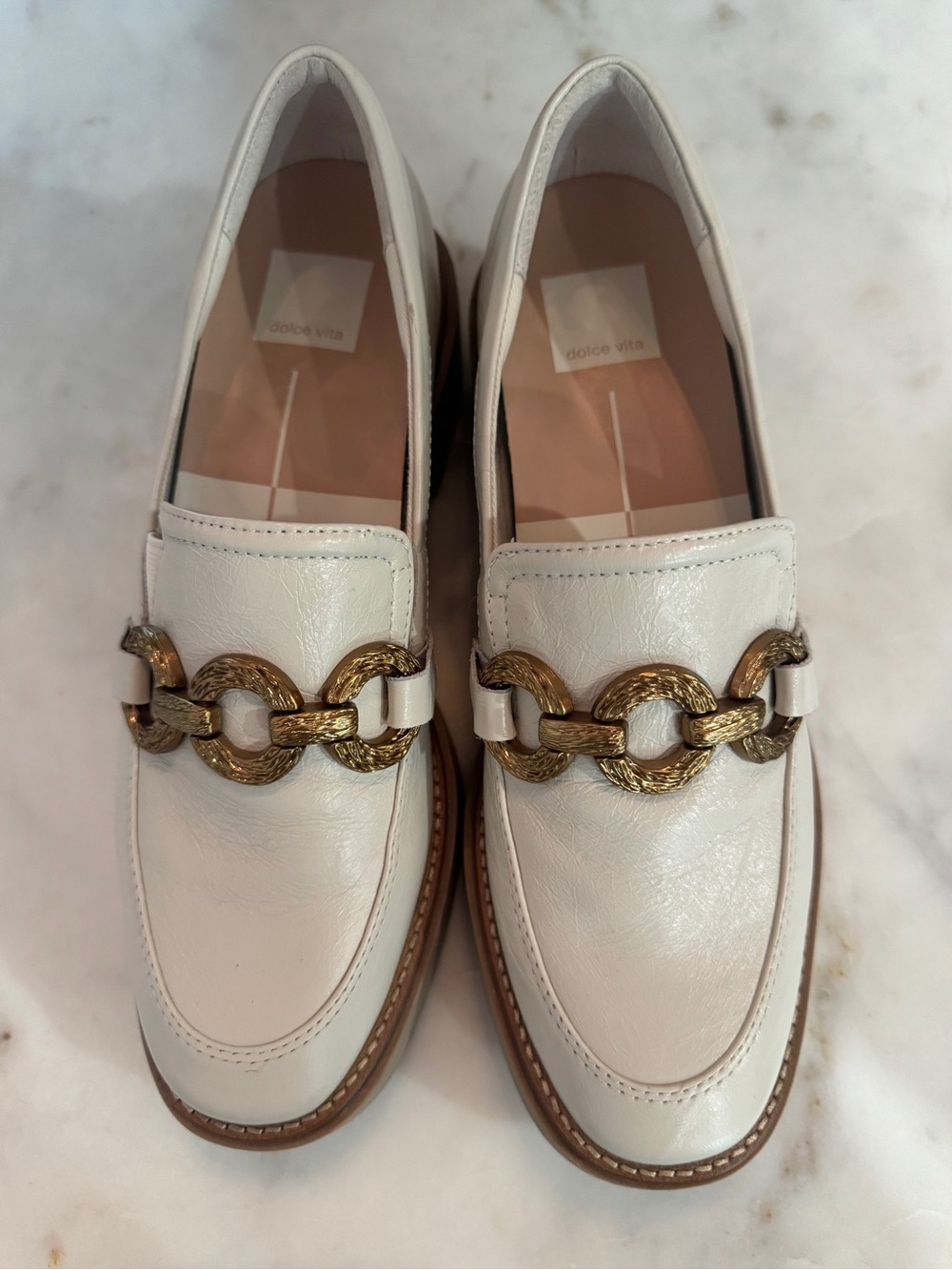 Dolce Vita Cream Leather Loafers with Textured Gold Chain
